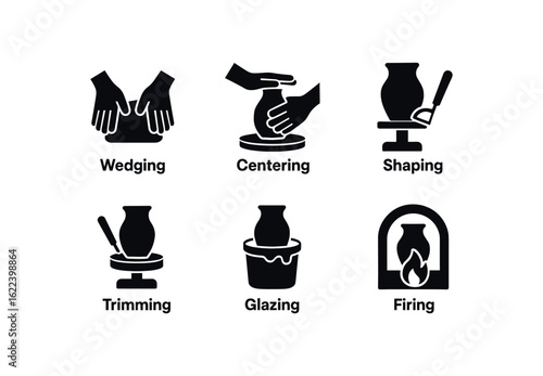flat black solid icon items isolated on white background pottery making (steps): wedging centering shaping trimming glazing firing