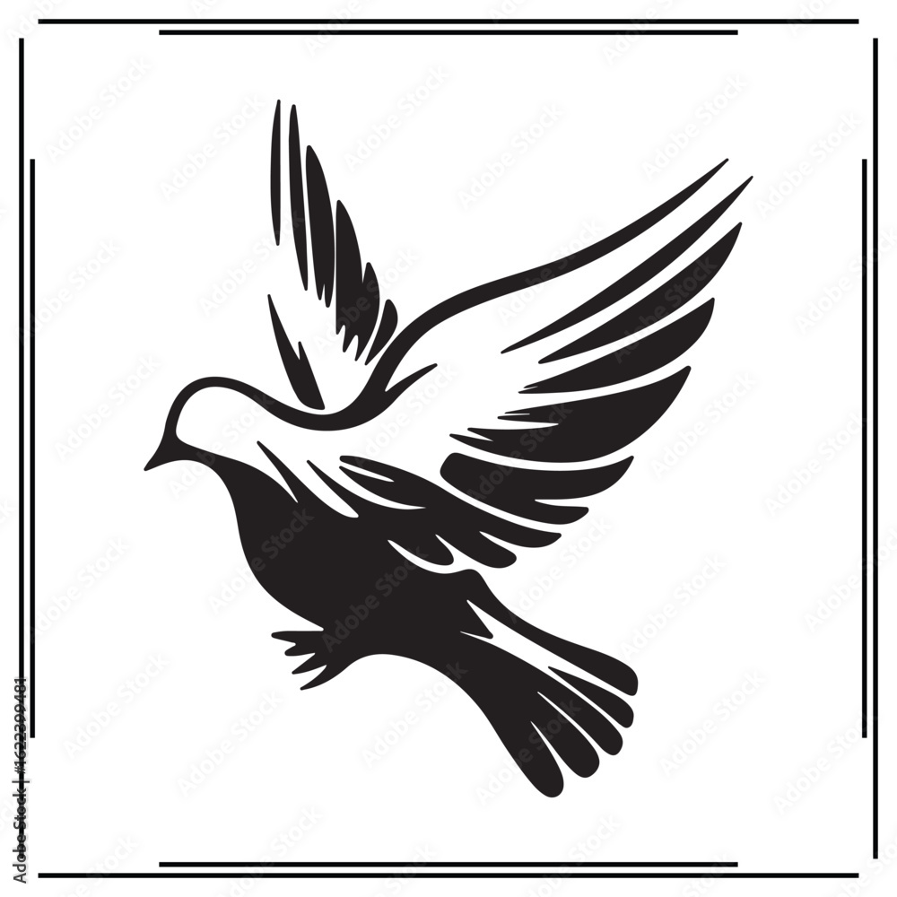 Obraz premium Flying Bird Silhouette Elegant Bird with Wings in Motion Black and White Vector Icon for Nature, Freedom, and Wildlife Themed Design