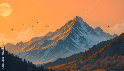 Warm colored minimalistic sketch of a mountain