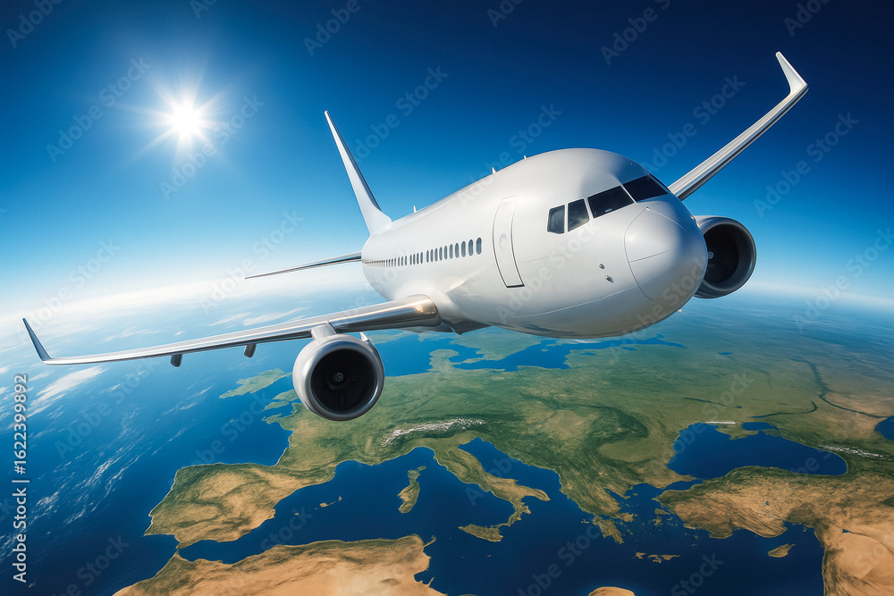 Naklejka premium Passenger jet flies above Earth under bright sun and blue sky, dynamic aerial travel and aviation concept. generative AI 