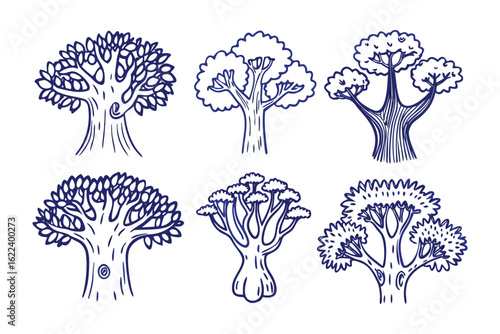 Tree Sketches: A collection of stylized drawings of various trees, each depicting a unique tree form and shape, illustrating the diverse beauty of nature's arboreal wonders.