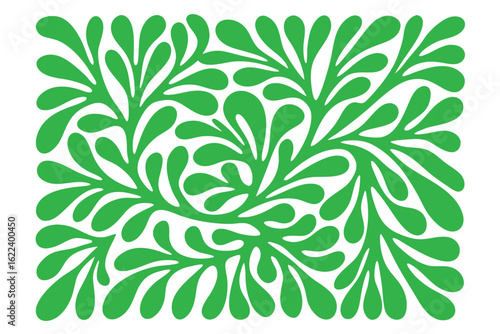 Vivid green droplet shapes swirl across the white canvas, evoking floral and organic themes