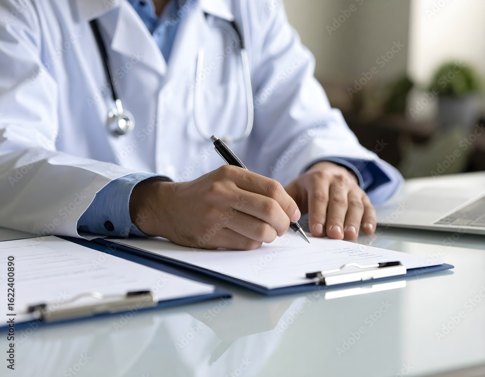 Detailed close-up of young doctor's hand writing prescription to paper on clipboard at desk. Detailed close-up of young doctor's hand writing prescription to paper on clipboard at desk.