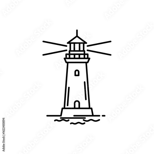 Minimalist lighthouse illustration with guiding beams on the sea coast monochrome image