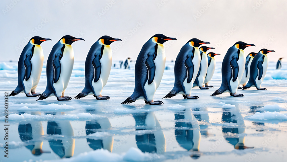 Obraz premium Emperor Penguins Marching in a Line on Icy Antarctic Landscape antarctica snow