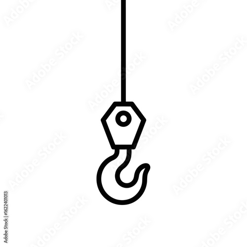 Minimalist line drawing of a crane hook suspended from a cable against white background