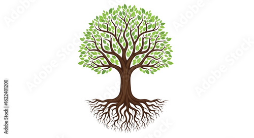 Stylized tree of life illustration with lush green leaves, intricate branches, and a strong visible root system symbolizing growth.