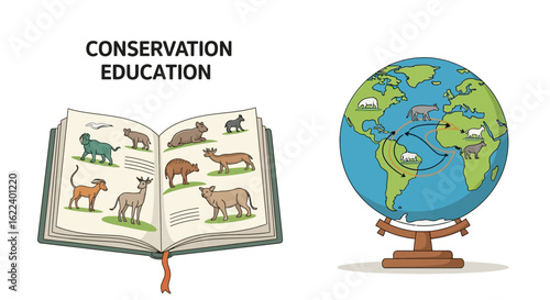 A concept illustration for conservation education, featuring a wildlife encyclopedia and a world globe showing animal habitats and biodiversity.