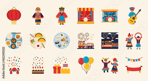 Vibrant assortment of flat design icons representing global cultural festivals, parties, music, food, and celebrations
