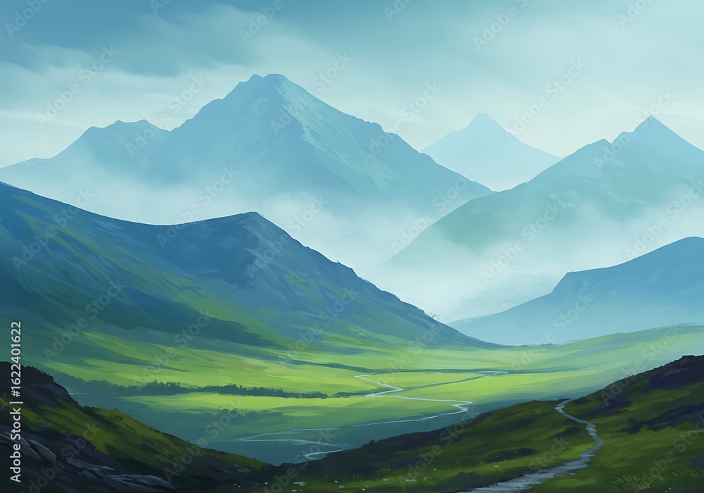 Fototapeta premium Serene Misty Mountains: Digital Painting, Green & Blue Hues