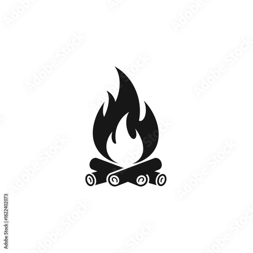 Simple Black and White Illustration of a Campfire with Flames and Burning Logs