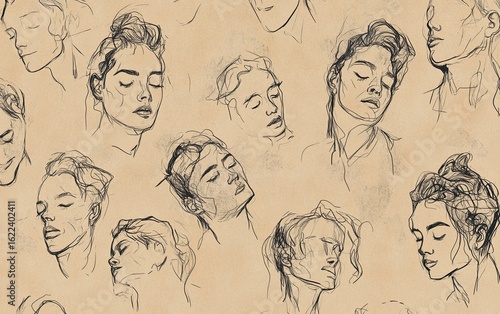 Wallpaper Mural Abstract line art faces in various poses and expressions, creating an elegant pattern on a beige background Torontodigital.ca