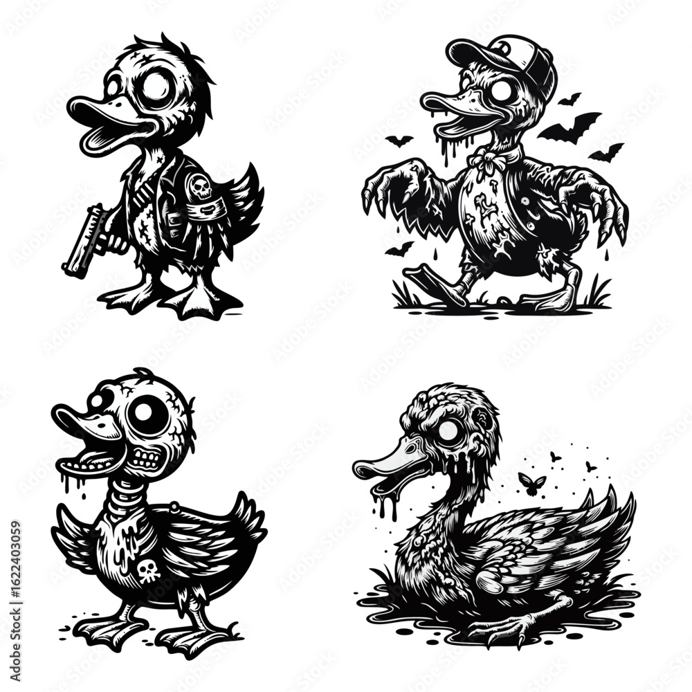 Fototapeta premium Four cartoon zombie ducks are depicted in black and white, each with unique poses and details like exposed bones, tattered clothing, and menacing expressions.