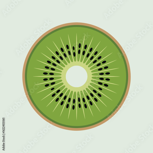 Vibrant slice of fresh kiwi fruit with black seeds and green pulp