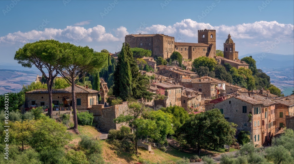 Obraz premium Tuscany Montalcino. View of Medieval Italian Town on Hill in Picturesque Tuscany