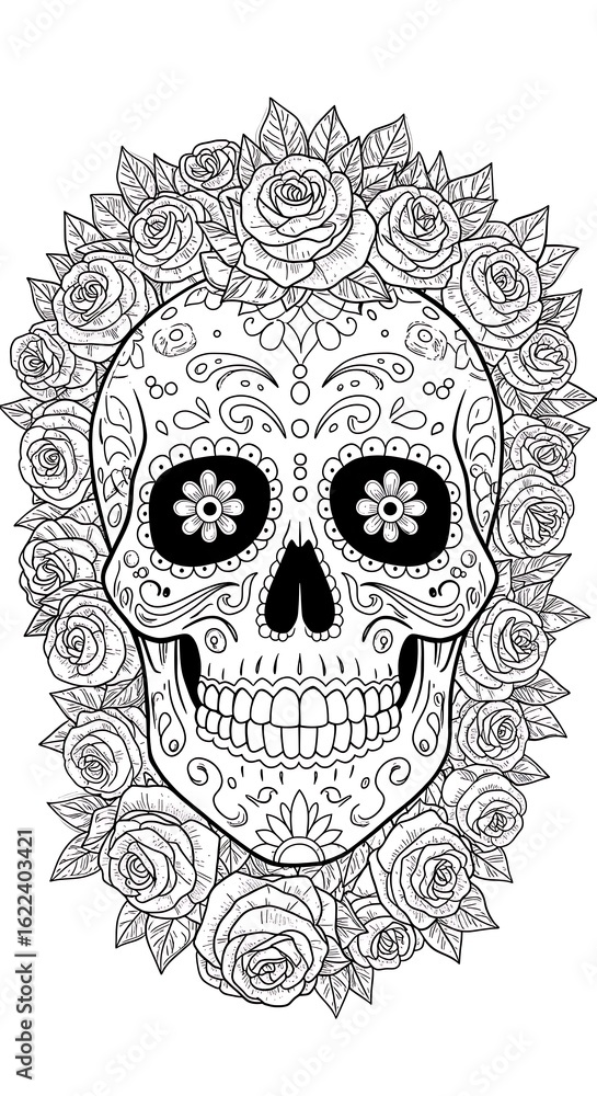 Fototapeta premium Sugar Skull & Roses: Intricate Line Art
