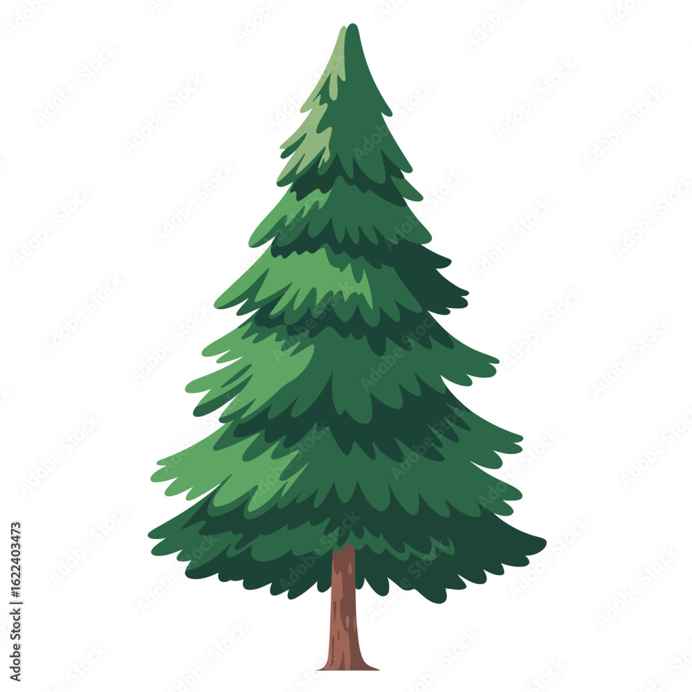 Fototapeta premium Stylized green pine tree with brown trunk on white background