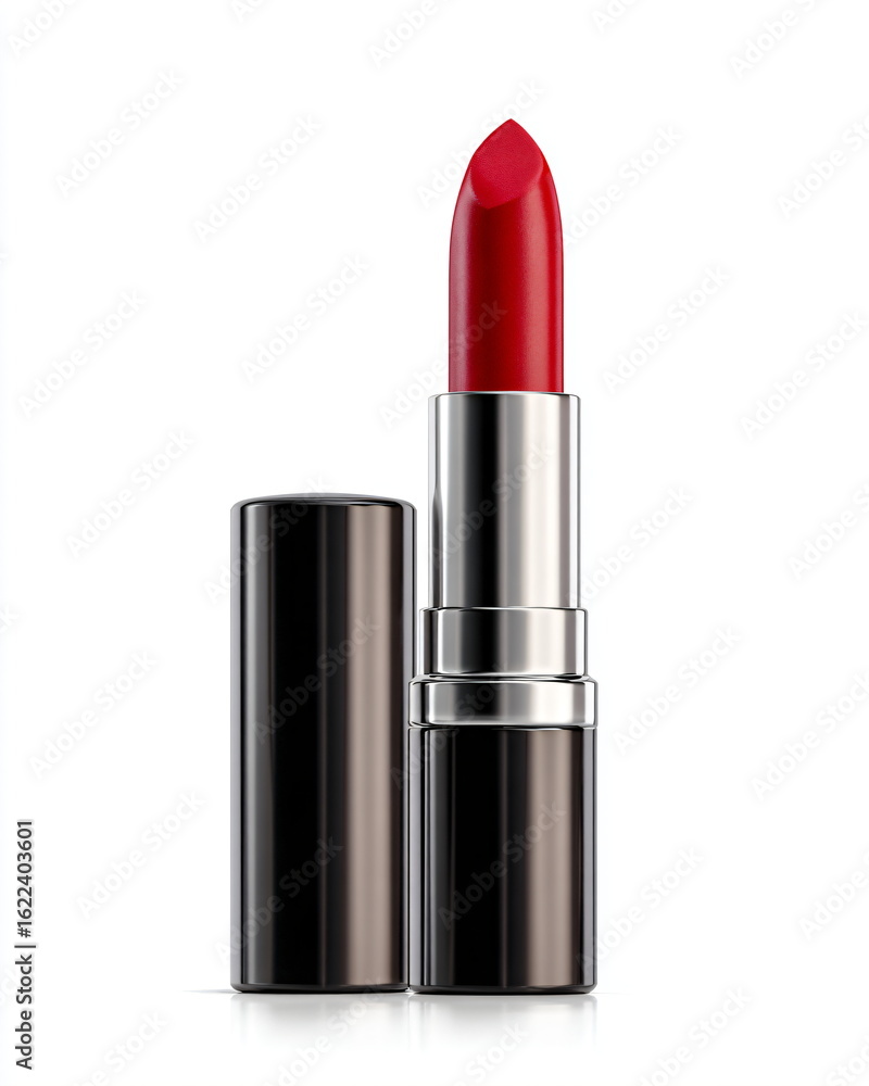 Obraz premium tube of lipstick with cap removed, cosmetic product isolated on white background