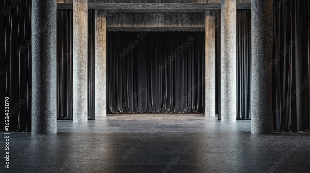 Fototapeta premium Dark, empty interior space with concrete pillars and black curtains.