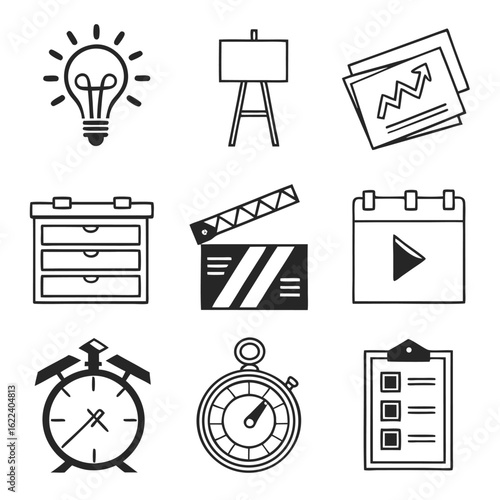 Icon Set Vector with Lightbulb Easel Graph Clapperboard Calendar Timer and Checklist Minimalist Black White