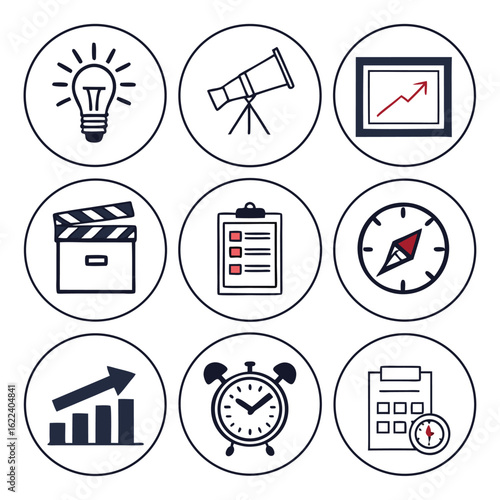 Business Icon Set Vector with Lightbulb Telescope Clock and Graph Modern Style