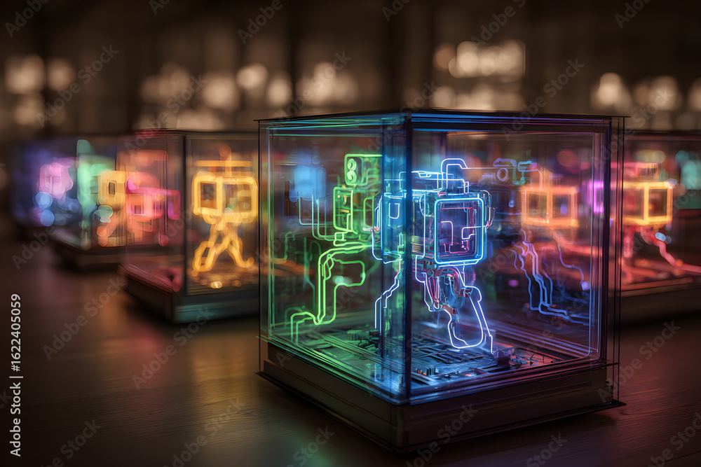 Fototapeta premium Futuristic Neon Circuit-Themed Robots and Drones Displayed in a Glass Enclosure of Modern Art