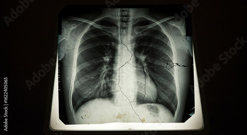 Shoot an old, cracked chest X-ray film mounted on a dusty lightbox, with fingerprints, scratches, and burn marks visible on the film. Background should be dark for contrast.

