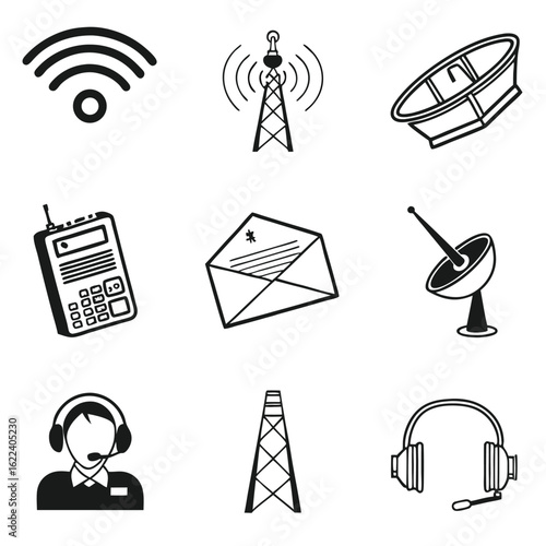 Icon Set Vector Collection of Communication Elements Radio Tower Support Agent Message Email Antenna Headphones in Minimalist Style