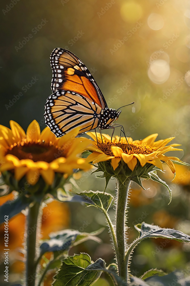 Obraz premium “A vibrant, close-up image of a bright yellow sunflower in full bloom, with a detailed orange and black monarch butterfly perched delicately on the center of the flower. The background features a soft
