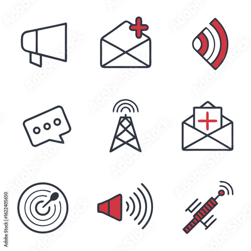 Icon Set Vector Featuring Communication Elements with Red Accents Modern Style