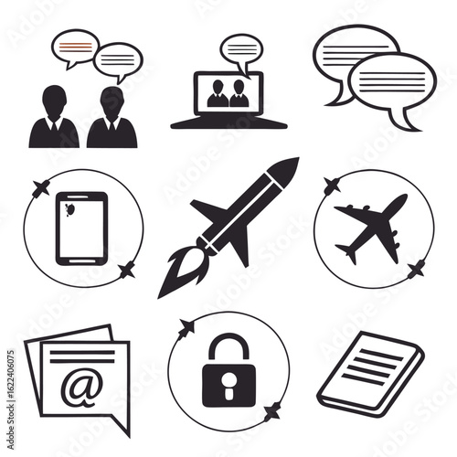 Icon Set Vector of Black Communication Symbols Rocket and Airplane Modern Minimalist Design