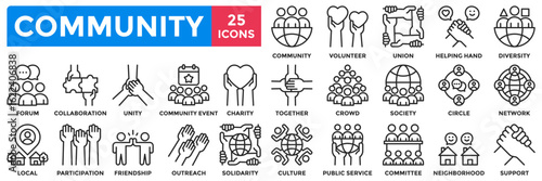 Community icon collection set. Containing together, diversity, solidarity, volunteer, society, friendship, unity icon. Simple line vector illustration