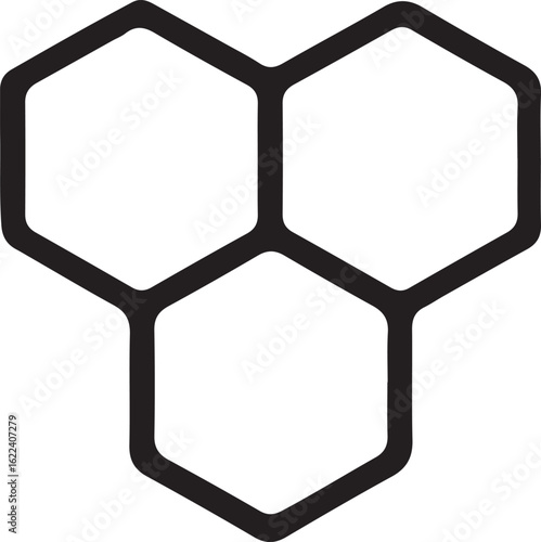Three interconnected black hexagons on a white background