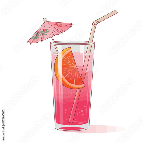 Refreshing pink cocktail with grapefruit slice and paper umbrella