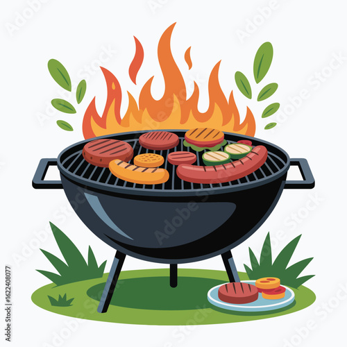 Delicious barbecue grill with meats and vegetables cooking over flames