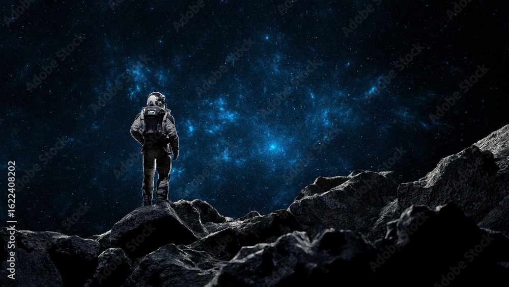 Obraz premium astronaut stands on rugged rocks, gazing into the expansive universe filled with vivid stars and cosmic clouds, showcasing the wonders of space exploration during a distant mission. 3d render