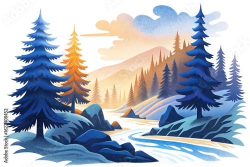 Foggy Nordic forest with tall fir trees, icy river, haunting northern landscape rendered in painting banner illustration for environmental and minimalist storytelling
