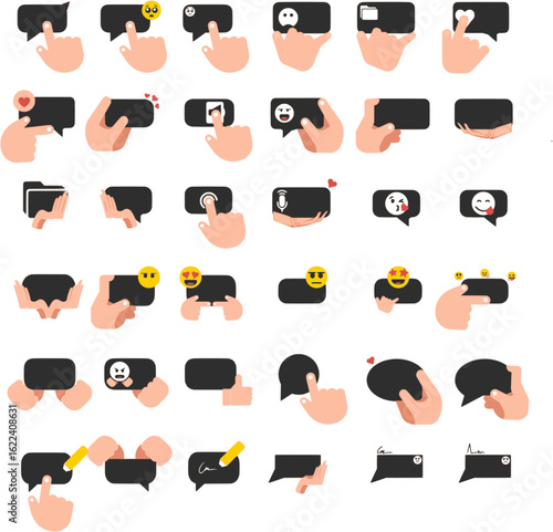Hand Gesture Chat Bubble Icons – Flat Communication Emoji & Message Interaction Vector Set