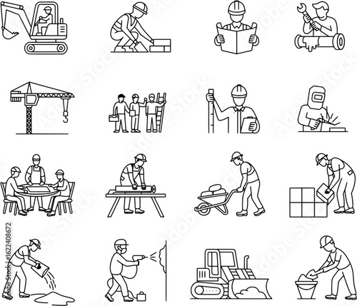 Line Art Industrial and Construction Worker Icons – 16 Builder Icon Set