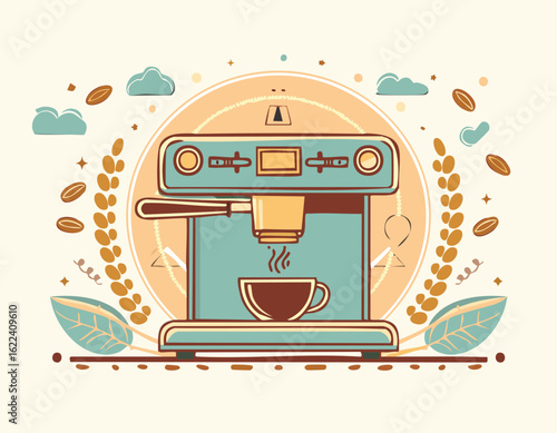 Espresso Cup And Machine Icon Vector Illustration.isolated, machine, white, black, cafes, caffeine, drink, espresso, hot, beverage, breakfast, coffeemaker, cup, hot drink, kitchen, appliance, morning,