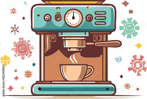 Espresso Cup And Machine Icon Vector Illustration.isolated, machine, white, black, cafes, caffeine, drink, espresso, hot, beverage, breakfast, coffeemaker, cup, hot drink, kitchen, appliance, morning,