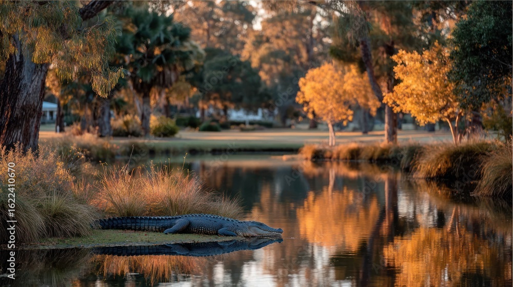 Fototapeta premium Gator basks by tranquil pond in golden light