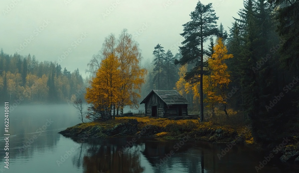 Fototapeta premium Autumn forest in the taiga, with yellow trees and an old hut on an island in a river