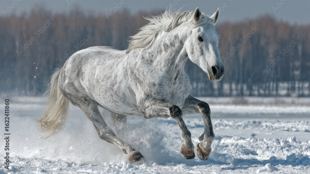 Obraz premium Gray horse galloping across snowy landscape