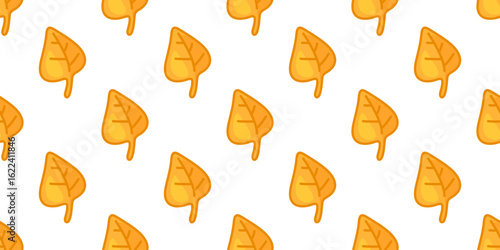 Seamless Cartoon Autumn Leaf Pattern. Bright yellow-orange fall leaves with thick outline arranged in a regular repeating pattern. Flat cartoon style, white background.