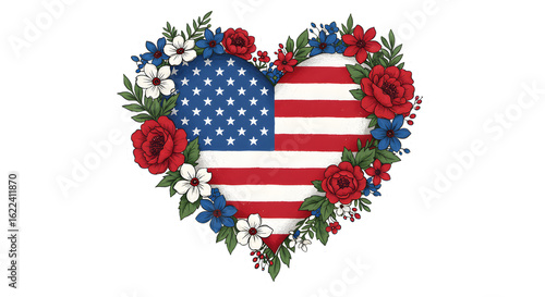 Patriotic heart with american flag and flowers isolated on transparent background for independence day