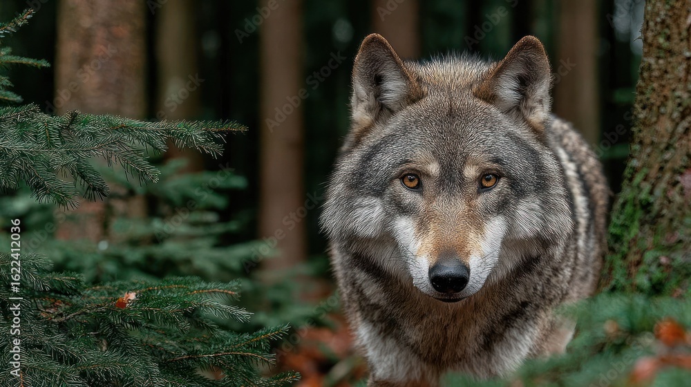 Fototapeta premium Gray wolf stares intently into camera, forest backdrop