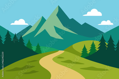 Forest Trail Vector Illustration with Mountains and Greenery