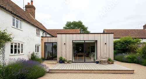 Modern wooden house extension with large glass doors and patio