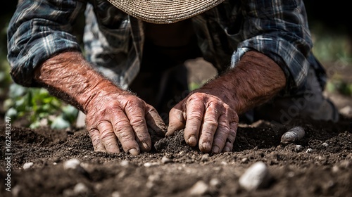 Experienced farmer planting seeds in rich soil, hands deeply engaged with the earth, symbolizing growth and harvest.